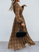 Slit Plaid Tie Neck Long Sleeve Maxi Dress OutfitFlow